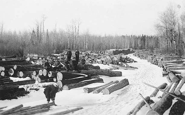 Logs loaded on the ice on the North Branch of Rapid River, ca. 1919.